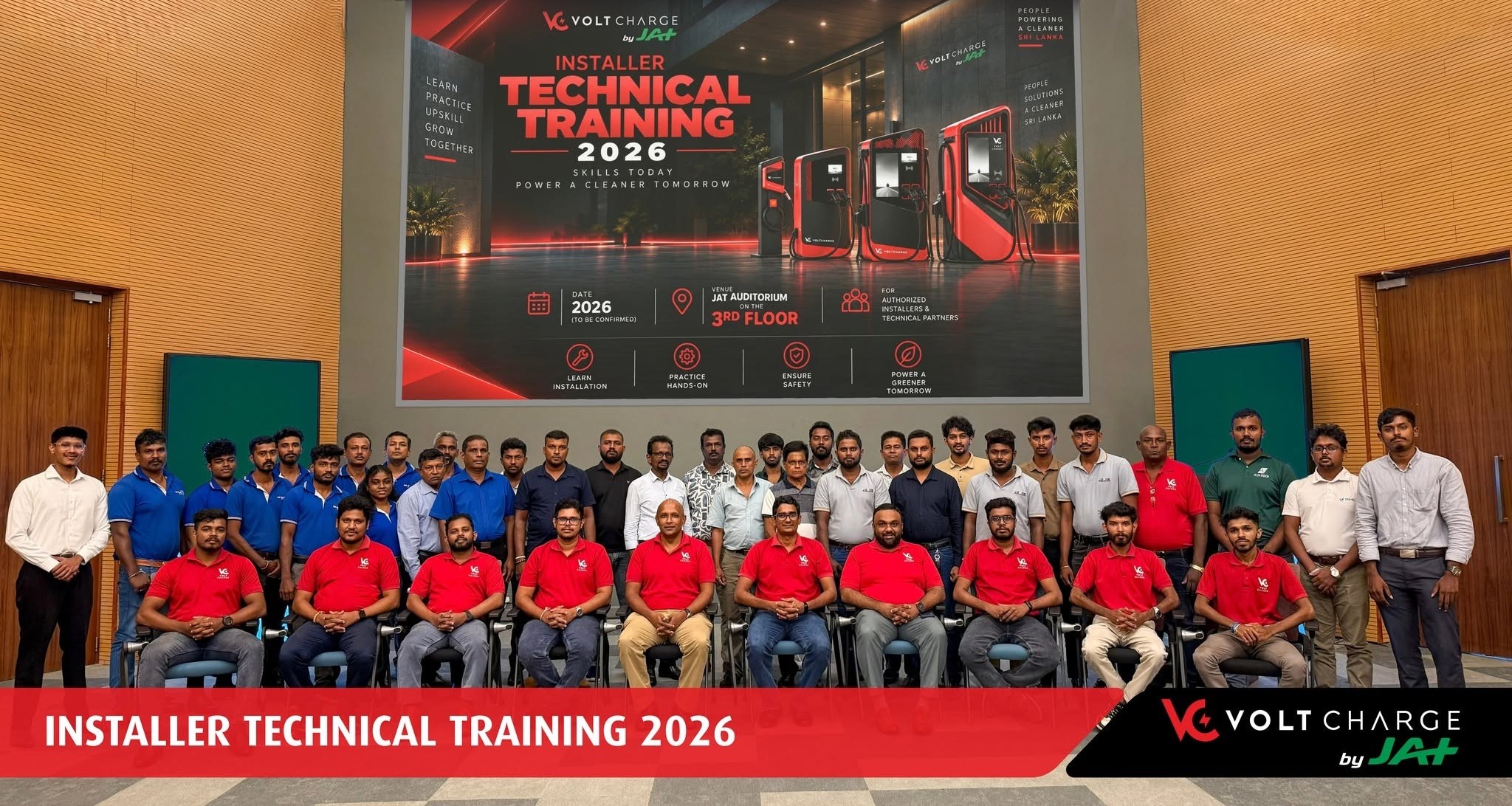 Volt Charge Installer Technical Training 2026 — official group photo at JAT Holdings Auditorium, Colombo
